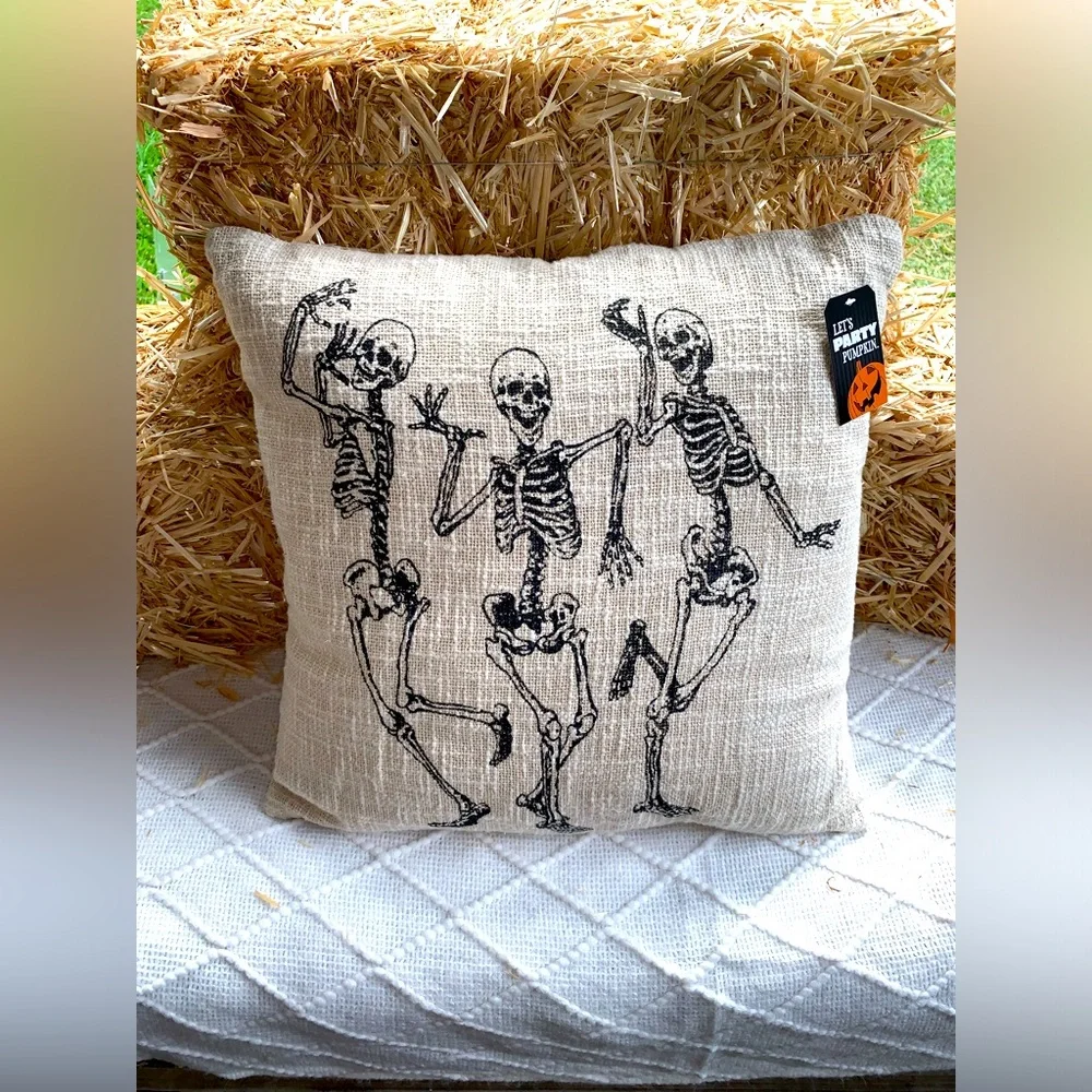 Halloween Decor Pillow Funny Dancing Skeletons Tan- NWT